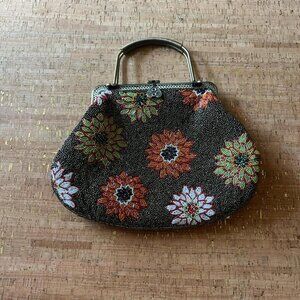 Beautiful vintage beaded flower bag with a black and multicoloured design.